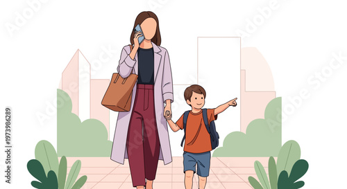 Modern Mother Talking on Smartphone While Walking with Young Son in the City, Busy Parent Multitasking Vector Illustration