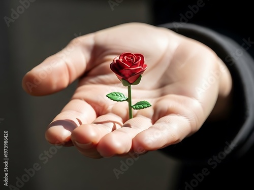 A miniature red rose gracefully resting in the palm of a human hand