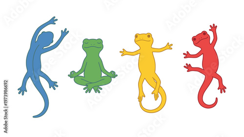 Vibrant cartoon lizards and frog in active and meditative poses, isolated on white background