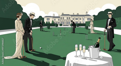 Group of elegant people in 1920s attire playing croquet in front of a grand mansion vector illustration