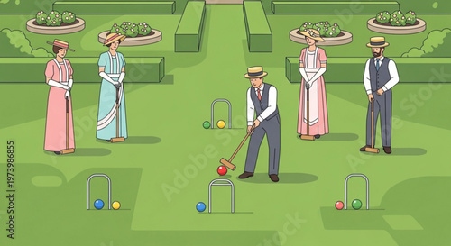 Victorian era group playing croquet on manicured green lawn in elegant garden setting vector illustration