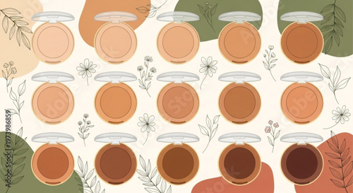 Collection of various shades of compact face powder makeup for different skin tones arranged beautifully on a floral background vector illustration