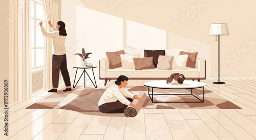 Two women working together in a cozy living room arranging furniture and preparing a home interior space as a modern flat design vector illustration