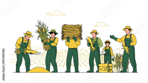 Harvesting in Harmony: A group of farmers work together to harvest crops on a bright day, illustrating unity and cooperation in the agricultural world.