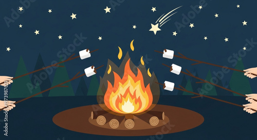 Group of friends roasting marshmallows over a warm campfire under a starry night sky with a shooting star in this flat vector illustration style