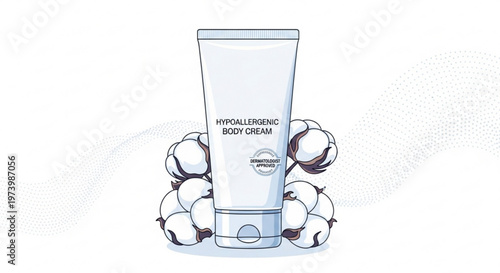Hypoallergenic body cream tube packaging mockup with natural cotton flowers in flat vector illustration style for skincare branding and cosmetic design