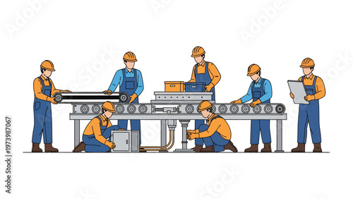 Production Line Harmony: A team of diligent workers collaborates seamlessly on an automated production line, each contributing their skills to the efficient manufacturing process.