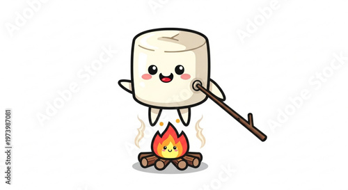 Cute marshmallow character roasting over a happy campfire in flat vector illustration style for summer camping and outdoor fun concept