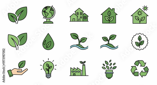 Collection of Green Ecology and Sustainability Flat Line Icons Representing Environmental Protection, Renewable Energy, and Recycling Concepts