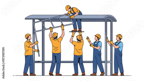 Bus Shelter Assembly: A dedicated team of construction workers is meticulously assembling a bus shelter.