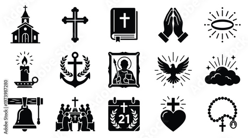 Collection of Christian religious symbols and icons, including churches, crosses, Bibles, prayer hands, and other sacred imagery.