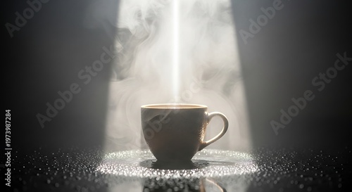 Dramatic steaming coffee cup illuminated in soft studio spotlight scene
