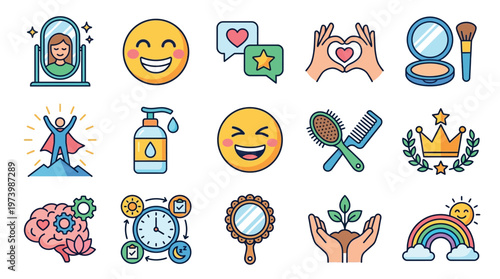 A collection of icons representing self-care, positive emotions, personal growth, and well-being.