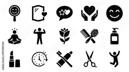 A collection of black and white icons representing self-care, beauty, health, and positive emotions.