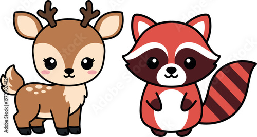 Adorable Deer and Raccoon Icon Set Featuring Playful Animal Designs for Wildlife, Nature, and Children’s Projects
