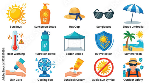 Collection of icons representing summer safety, sun protection, and heat-related precautions, including sunscreen, hats, sunglasses, hydration, and shade.