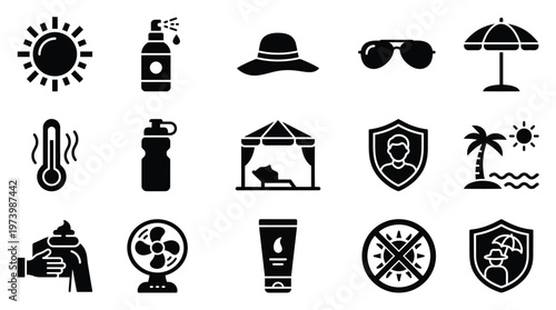 Collection of summer and sun protection icons, including sun, thermometer, sunscreen, hat, sunglasses, and beach scene.