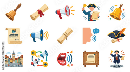 Collection of vector icons representing communication, announcements, and historical decrees, featuring bells, scrolls, megaphones, and town criers.