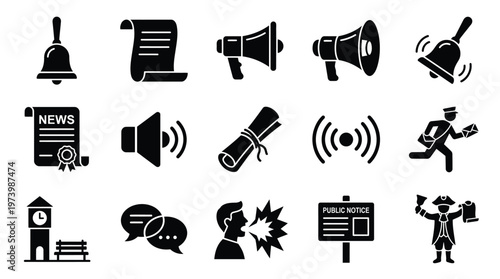 Collection of icons representing communication, announcements, and public notices, including bells, scrolls, megaphones, and a town crier.