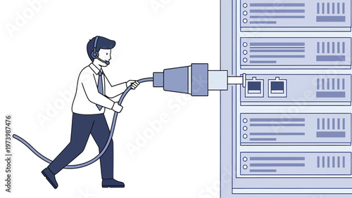 IT technician unplugging server rack cable. Data center maintenance, network troubleshooting, system support, IT infrastructure illustration.