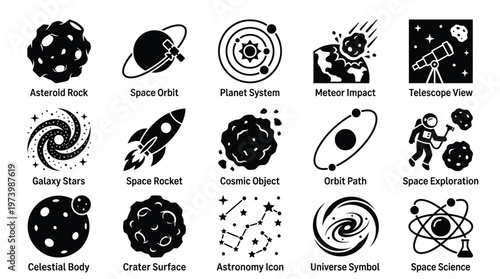 Collection of 15 black and white icons representing various space and astronomy concepts, including celestial bodies, rockets, and scientific phenomena.