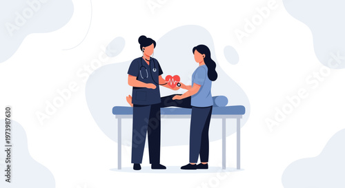 Nurse checking patient's heartbeat with stethoscope and heart symbol