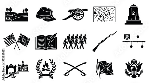 Collection of Civil War era icons representing battles, soldiers, and historical artifacts.