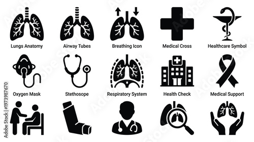 Collection of medical and healthcare icons representing lungs, breathing, medical equipment, and healthcare professionals.
