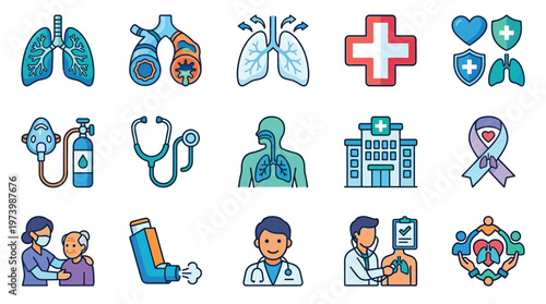 Collection of medical icons representing respiratory health, including lungs, inhalers, doctors, and hospitals.