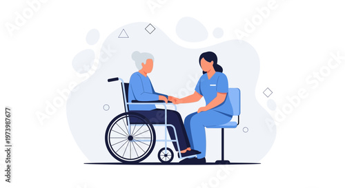 Nurse caring for elderly woman in wheelchair, home healthcare, support, compassion