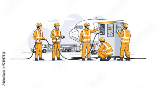 Aircraft Maintenance Technicians at Work: An illustration depicting a team of skilled technicians meticulously servicing an airplane, showcasing precision and teamwork.
