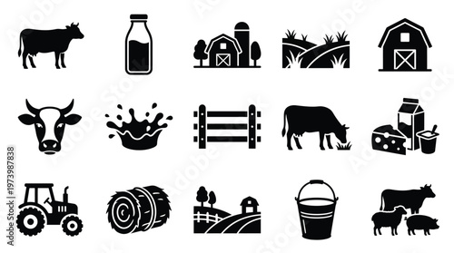 Collection of black and white farm-related icons including cows, milk, barns, tractors, and hay bales.