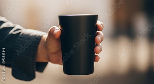 Hand holding a matte black cup, offering a warm beverage outdoors