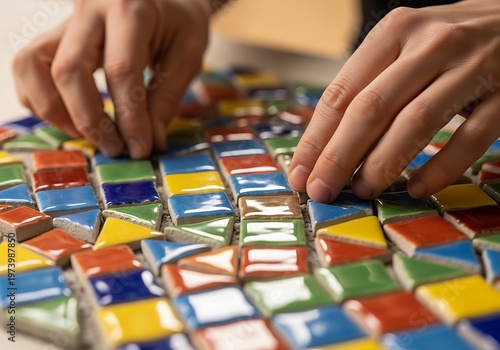 Hands arranging colorful mosaic tiles