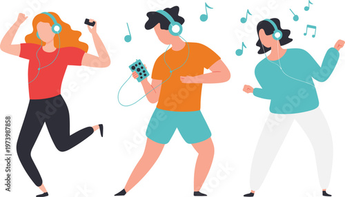 People listening to music with headphones dancing and enjoying songs modern lifestyle vector illustration set