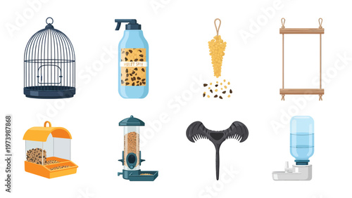 Bird Care Supplies & Accessories Set. Feeders, Cages, Perches, Water Dispenser for Pet Birds and Wildlife. Flat Vector.