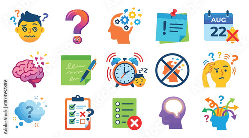 Collection of icons representing confusion, memory loss, stress, and cognitive challenges, including a worried face, question marks, a fractured brain, and a calendar with a cross.