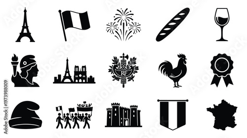 Collection of iconic French symbols and landmarks, including the Eiffel Tower, French flag, baguette, and Marianne.