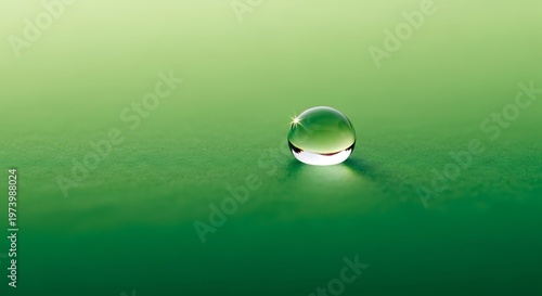Luminous water droplet reflecting light, on a vibrant green background