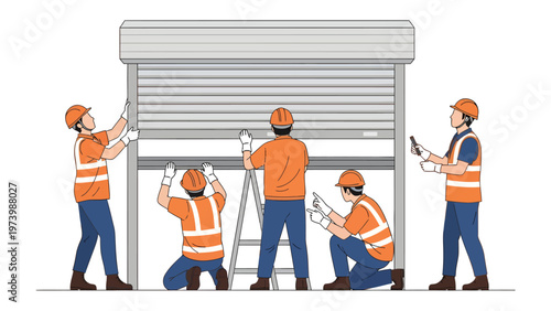 Rolling Shutter Installation: A team of skilled technicians is diligently working together to install a new rolling shutter. They showcase expertise in construction and teamwork.