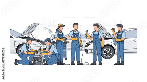 Automotive Professionals at Work: A team of skilled technicians meticulously diagnose and repair a car. Each technician contributes their expertise.