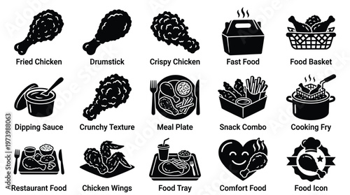 A collection of black and white icons representing various fried chicken dishes, fast food items, and related culinary concepts.