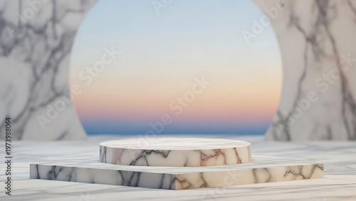 Marble Podium Set Against Ethereal Pastel Gradient Backdrops for Presentations