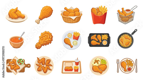 A vibrant collection of delicious fried chicken dishes and sides, showcasing various preparations and serving styles.