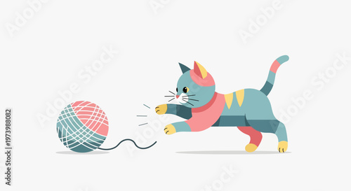 Playful Cat Chasing Yarn Ball