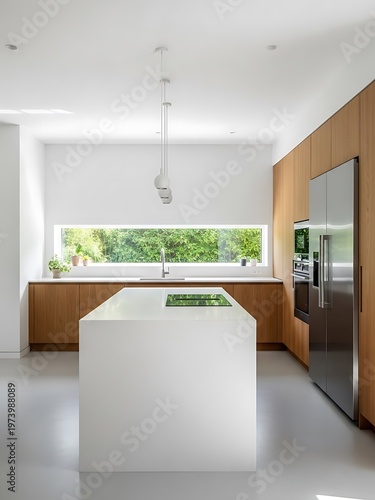 Minimalist kitchen design featuring a central island and natural light