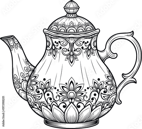 Ornate Teapot Line Art Featuring Intricate Floral Patterns for Kitchen, Tea, and Traditional Design Projects