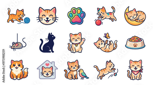 A collection of cute cartoon cat illustrations depicting various playful and adorable feline activities and poses.