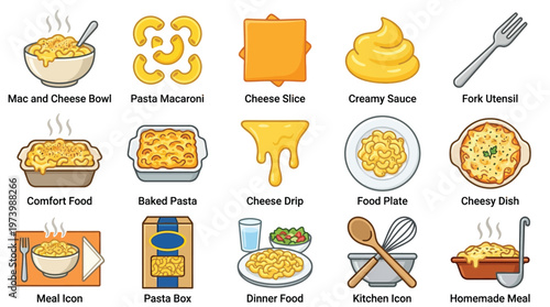 A collection of 15 colorful icons representing various aspects of macaroni and cheese, including ingredients, dishes, and serving suggestions.