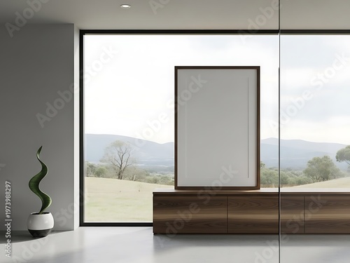 Modern Interior with Large Window, Empty Frame and Nature View